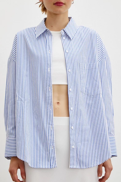Çizgili Poplin Gömlek Mavi - Resim 4