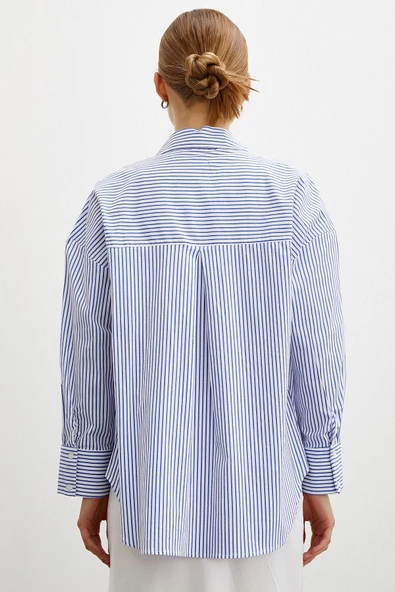 Çizgili Poplin Gömlek Mavi - Resim 6