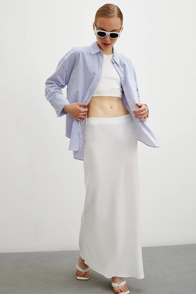 Çizgili Poplin Gömlek Mavi - Resim 3