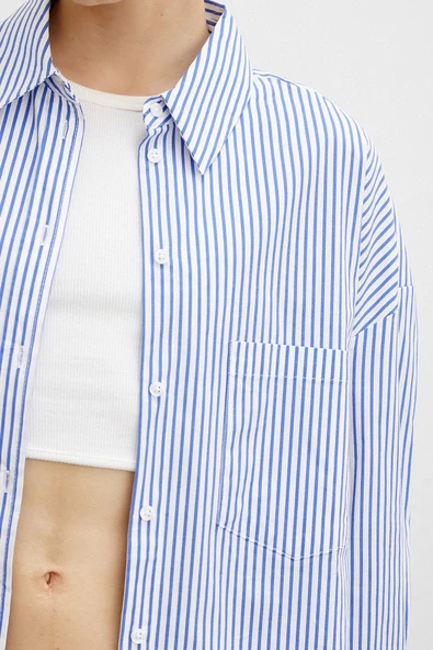 Çizgili Poplin Gömlek Mavi - Resim 5