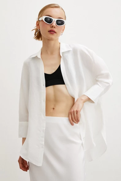 Fakir Kol Keten Gömlek Beyaz - Resim 5