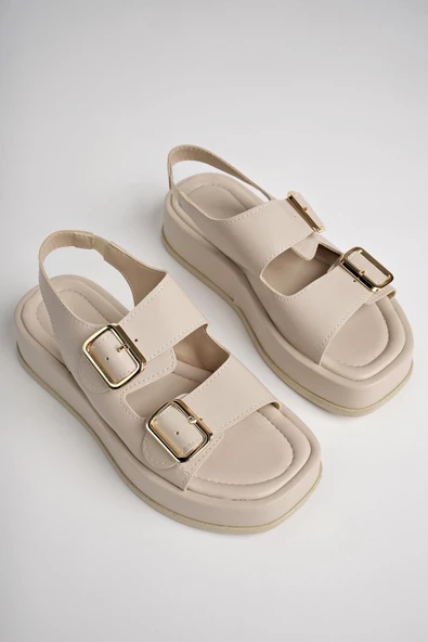 Muggo WANDA Garantili Dolgu Topuklu Çift Bantlı Toka Detaylı Lastikli Kadın Sandalet - 2