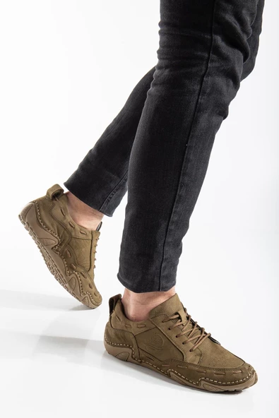 Hakiki Deri Nubuk Saraçlı Bağlı Haki Erkek Günlük Ayakkabı - Resim 2