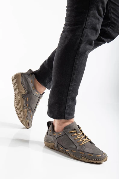 Hakiki Deri Nubuk Saraçlı Bağlı Gri Erkek Günlük Ayakkabı - Resim 2