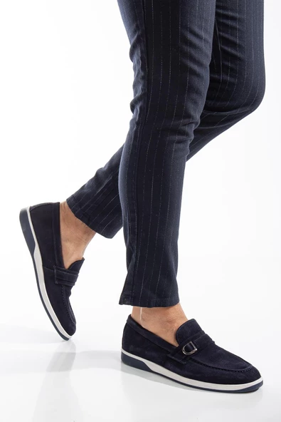 Hakiki Deri Süet Tokalı Çift Renk Taban Lacivert Erkek Günlük Ayakkabı - Resim 2