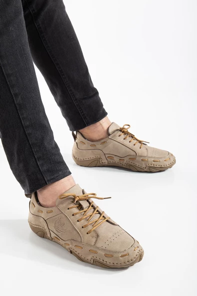 Hakiki Deri Nubuk Saraçlı Bağlı Bej Erkek Günlük Ayakkabı - Resim 2