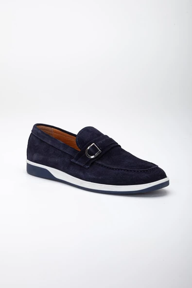 Hakiki Deri Süet Tokalı Çift Renk Taban Lacivert Erkek Günlük Ayakkabı - Resim 4