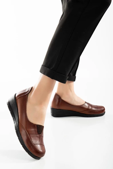 Hakiki Deri Ortopedik Yüzü Dikişli Taba Kadın Dolgu Topuklu Günlük Ayakkabı - Resim 2