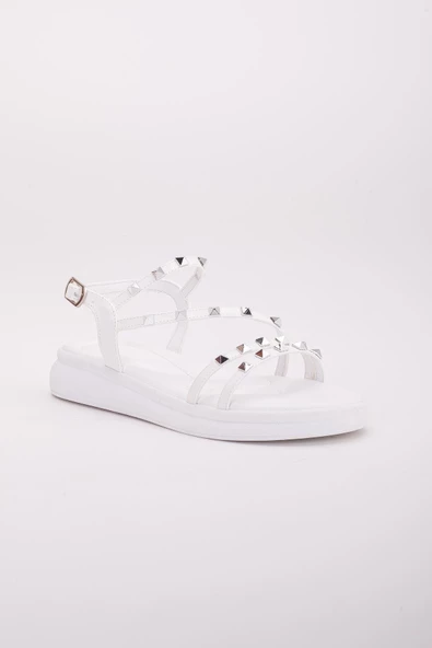 Baretli Troklu Kalın Taban Cilt Beyaz Kadın Dolgu Topuk Sandalet - Resim 4