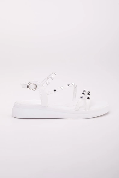 Baretli Troklu Kalın Taban Cilt Beyaz Kadın Dolgu Topuk Sandalet - Resim 3