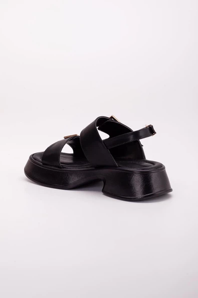 İki Bant Klipsli Kalın Taban Siyah Kadın Dolgu Topuk Sandalet - Resim 5