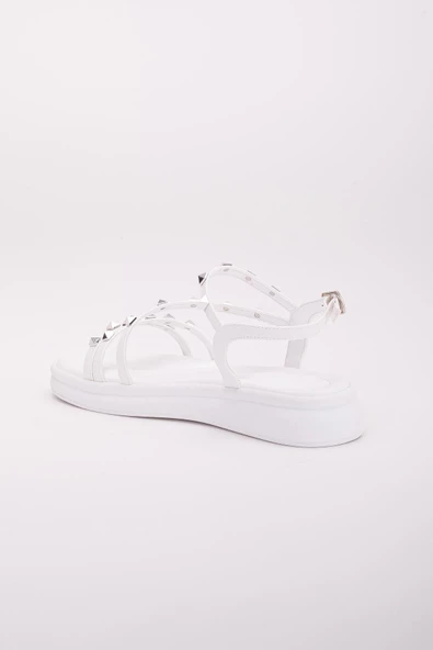 Baretli Troklu Kalın Taban Cilt Beyaz Kadın Dolgu Topuk Sandalet - Resim 5