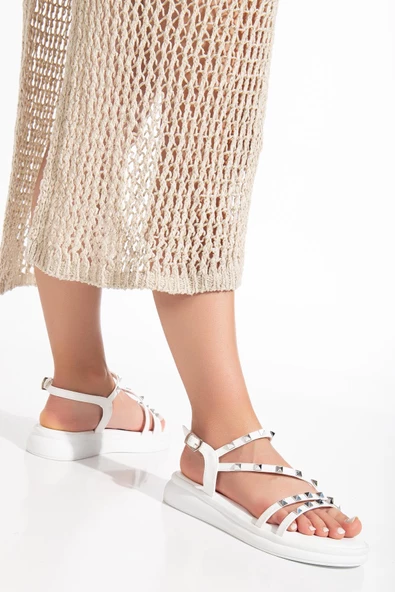 Baretli Troklu Kalın Taban Cilt Beyaz Kadın Dolgu Topuk Sandalet - Resim 2