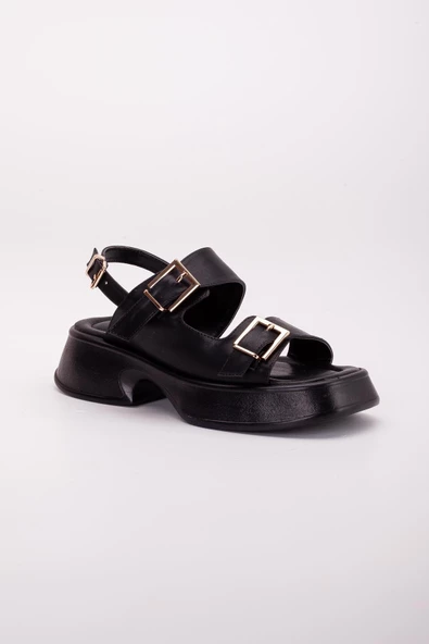 İki Bant Klipsli Kalın Taban Siyah Kadın Dolgu Topuk Sandalet - Resim 4