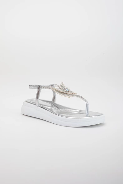 Kelebek Taş Figürlü Cilt Gümüş Kadın Düz Taban Parmak Arası Sandalet - Resim 4