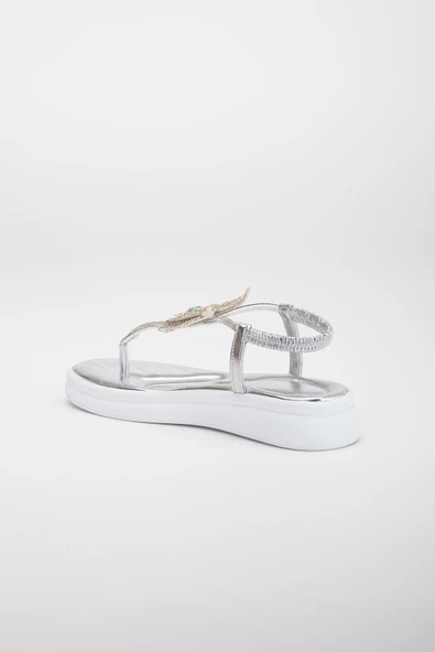 Kelebek Taş Figürlü Cilt Gümüş Kadın Düz Taban Parmak Arası Sandalet - Resim 5