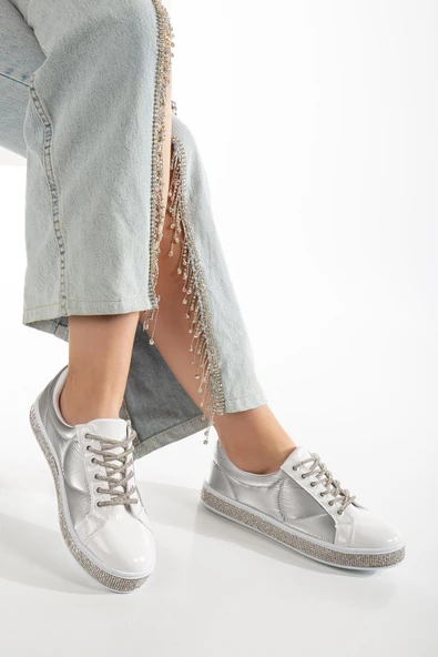 Rugan Taban Bağcık Taşlı Gümüş Beyaz Kadın Spor Ayakkabı - Resim 2