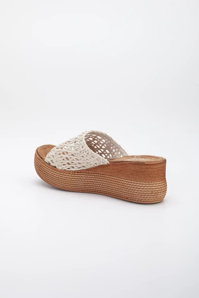 Örme Tekbant Desenli Taban bej Kadın Dolgu Taban Terlik - Resim 5