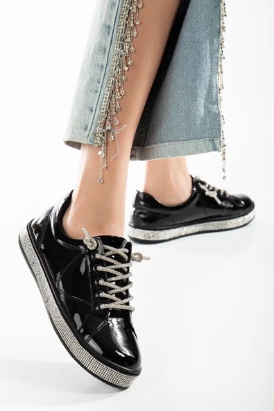 Rugan Taban Bağcık Taşlı Siyah Kadın Spor Ayakkabı - Resim 2