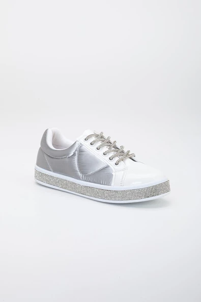 Rugan Taban Bağcık Taşlı Gümüş Beyaz Kadın Spor Ayakkabı - Resim 4