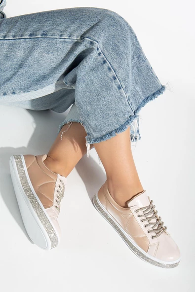 Rugan Taban Bağcık Taşlı Gümüş Nude Kadın Spor Ayakkabı - Resim 2