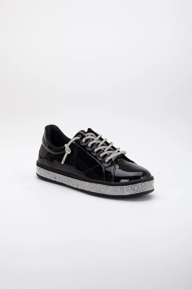 Rugan Taban Bağcık Taşlı Siyah Kadın Spor Ayakkabı - Resim 4