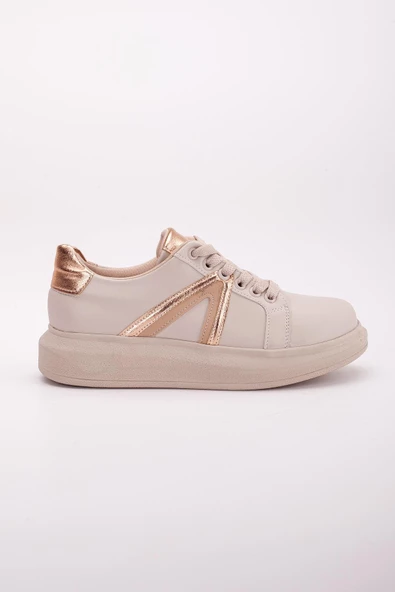 Cilt Parlak Şeritli Balon Taban Bağcıklı Nude Kadın Spor Ayakkabı - Resim 3