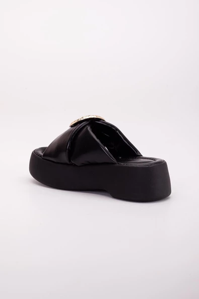 Büyük Tokalı Kalın Taban Cilt Siyah Kadın Dolgu Topuk Terlik - Resim 5