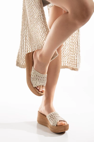 Örme Tekbant Desenli Taban bej Kadın Dolgu Taban Terlik - Resim 2