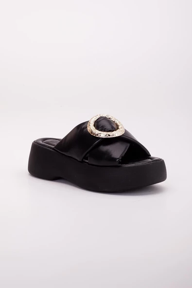 Büyük Tokalı Kalın Taban Cilt Siyah Kadın Dolgu Topuk Terlik - Resim 4