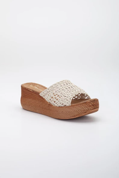 Örme Tekbant Desenli Taban bej Kadın Dolgu Taban Terlik - Resim 4