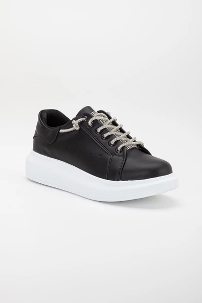 Taş Bağcıklı Detaylı Siyah Beyaz Kadın Spor Ayakkabı - Resim 4