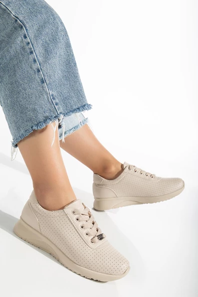 İnce Taban Bağlı Cilt Nude Kadın Spor Ayakkabı - Resim 2