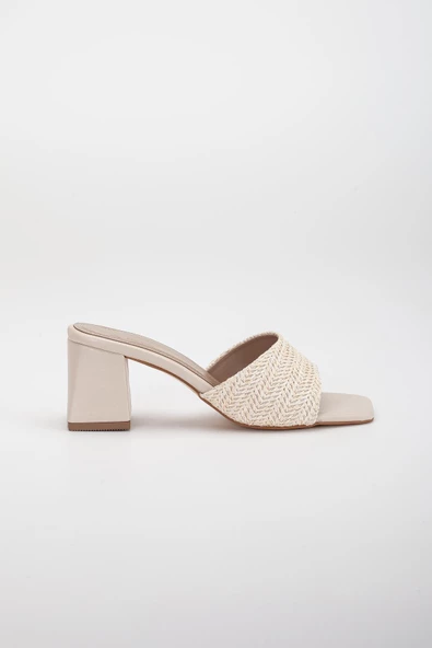Hasır ve Düz Tekbant Bej Kadın Topuklu Terlik - Resim 3