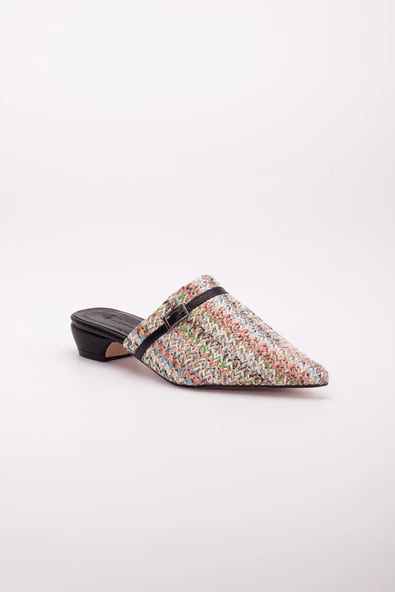 Yeni Hasır Malzeme Önü Kapalı Siyah Kadın Kısa Topuklu Terlik - Resim 4