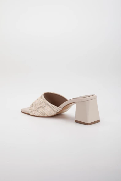 Hasır ve Düz Tekbant Bej Kadın Topuklu Terlik - Resim 5