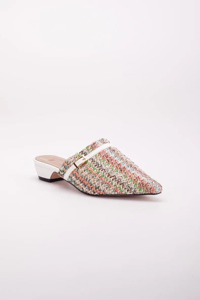 Yeni Hasır Malzeme Önü Kapalı Beyaz Kadın Kısa Topuklu Terlik - Resim 4