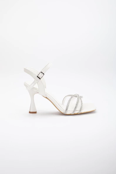 3 Bant Taşlı Saten Sedef Kadın Topuklu Abiye Ayakkabı - Resim 3