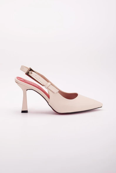 Büyük Tokalı Yüzüdüz Topuk Açık Kadeh Ökçe Bej Kadın Topuklu Ayakkabı Stiletto - 3