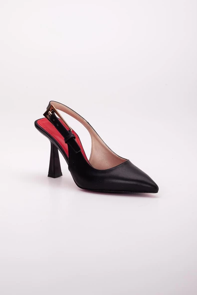 Büyük Tokalı Yüzüdüz Topuk Açık Kadeh Ökçe Siyah Kadın Topuklu Ayakkabı Stiletto - 4