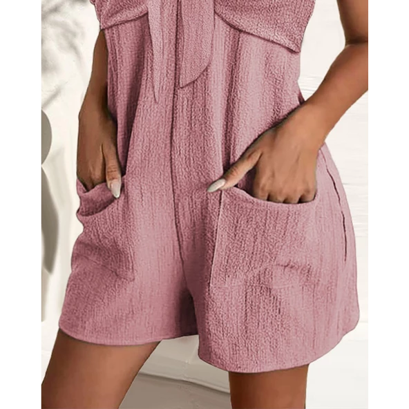 Lucky Life Kadın Kolsuz Askı Aksesuarlı önü Bağlama Detay Salopet şort Tulum - 4