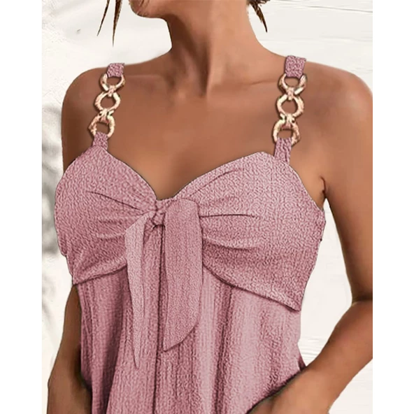 Lucky Life Kadın Kolsuz Askı Aksesuarlı önü Bağlama Detay Salopet şort Tulum - 6