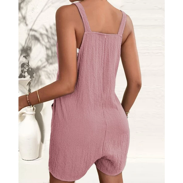 Lucky Life Kadın Kolsuz Askı Aksesuarlı önü Bağlama Detay Salopet şort Tulum - 7