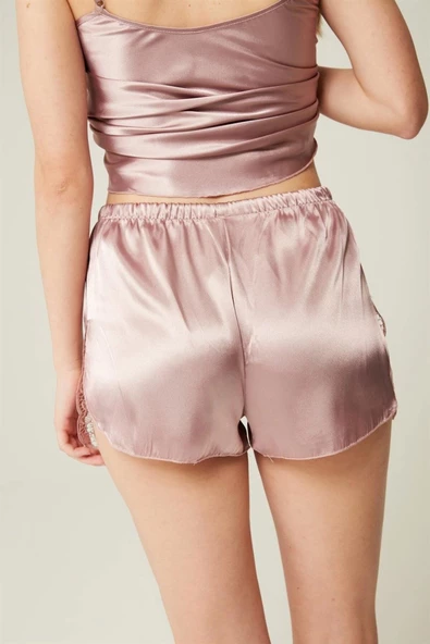Saten Şort Dantel Detaylı Belinda Short Mink - Resim 2