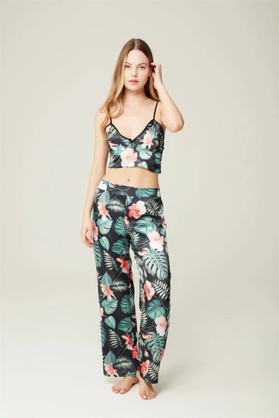 Saten Sabahlık Büstiyer Pantolon 3'lü Takım Ashley Darkgreenflower - 3