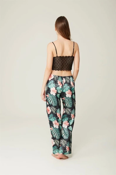 Saten Sabahlık Büstiyer Pantolon 3'lü Takım Ashley Darkgreenflower - Resim 4