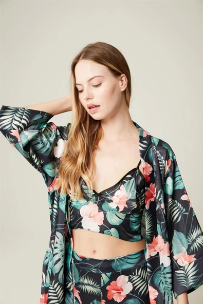 Saten Sabahlık Büstiyer Pantolon 3'lü Takım Ashley Darkgreenflower - Resim 2