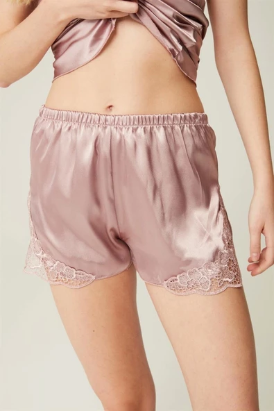 Saten Şort Dantel Detaylı Belinda Short Mink