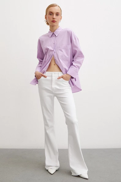 Regular Fit Poplin Gömlek Lila - 5