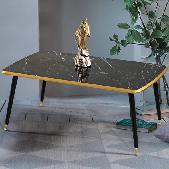 60x100 cm Lüx Ayaklı Orta Sehpa Siyah Mermer Altın Kenarlı A7 - 2
